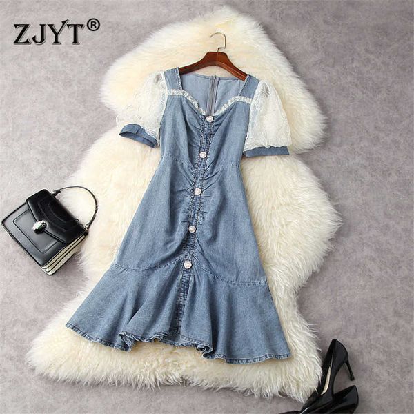high street style fashion summer short sleeve mesh patchwork women trumpet denim dress casual mini vestidos 210601, Black;gray
high street style fashion summer short sleeve mesh patchwork women trumpet denim dress casual mini vestidos 210601, Black;gray