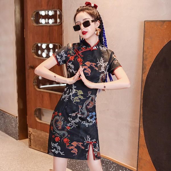 qipao women dress slim chinese traditional clothing summer casual short sleeve slit vintage dragon print cheongsam black ethnic, Red
qipao women dress slim chinese traditional clothing summer casual short sleeve slit vintage dragon print cheongsam black ethnic, Red