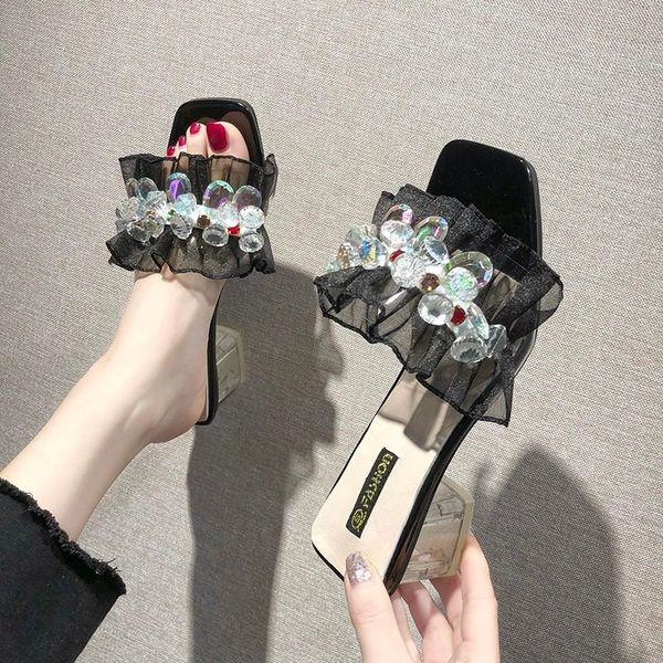 slippers crystal rivet transparent women shoes woman mules slides ruffle peep toe square mid heels summer ladies, Black
slippers crystal rivet transparent women shoes woman mules slides ruffle peep toe square mid heels summer ladies, Black