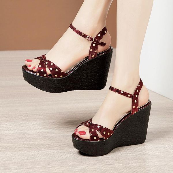 sandals 11cm high heel wedges women wine red 2021 summer platform peep toe, Black