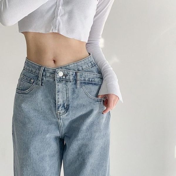 women's jeans high waist loose capris pants oversized women classic buttons straight casual autumn denim trousers, Blue 
women's jeans high waist loose capris pants oversized women classic buttons straight casual autumn denim trousers, Blue
