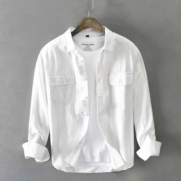 men's casual shirts 2021 autumn white long sleeve shirt pure cotton retro style button up tooling multi-pocket chemises w2260, White;black
men's casual shirts 2021 autumn white long sleeve shirt pure cotton retro style button up tooling multi-pocket chemises w2260, White;black