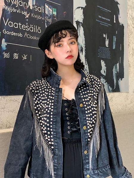 women's jackets hebaoli korean style autumn loose streetwear heavy industry denim tassel with beads diamonds short jeans western women, Black;brown
women's jackets hebaoli korean style autumn loose streetwear heavy industry denim tassel with beads diamonds short jeans western women, Black;brown