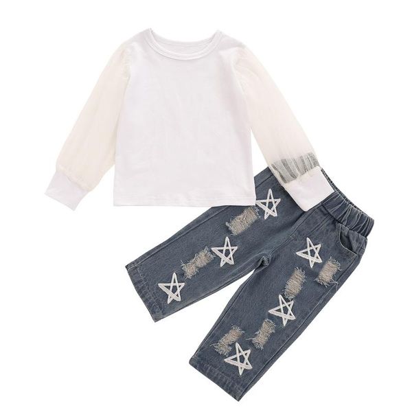 clothing sets baby girls spring clothes 0-4y mesh lace long sleeve pullover + ripped denim pants 2pcs set, White
clothing sets baby girls spring clothes 0-4y mesh lace long sleeve pullover + ripped denim pants 2pcs set, White
