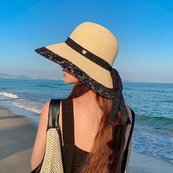 wide brim hats summer girl hat women's sunshade brims outdoor sunscreen beach straw sun for drop, Blue;gray