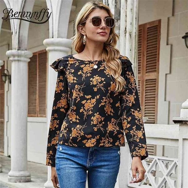round neck ruffle trim floral print blouse spring women fashion long sleeve boho casual and blouses 210510, White
round neck ruffle trim floral print blouse spring women fashion long sleeve boho casual and blouses 210510, White