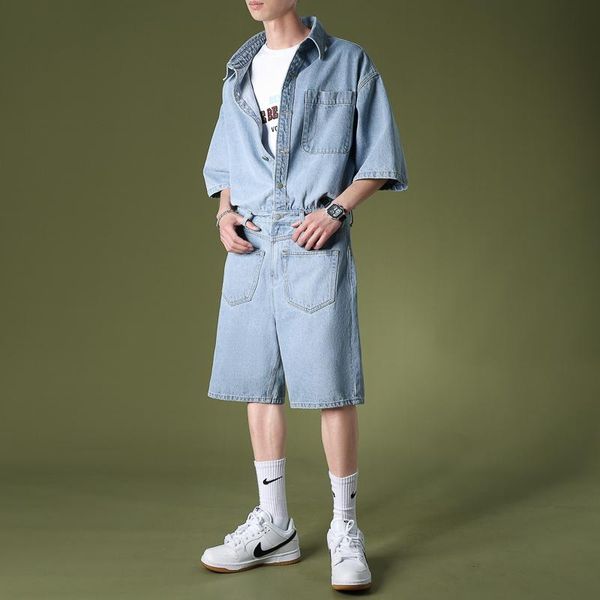men overalls summer 2021 short sleeve loose casual shirt denim jumpsuit streetwear hip hop straight one piece jeans shorts sets men's, Blue
men overalls summer 2021 short sleeve loose casual shirt denim jumpsuit streetwear hip hop straight one piece jeans shorts sets men's, Blue