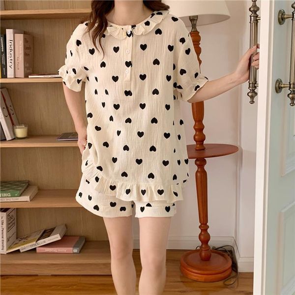 summer cotton linen pajama womens sleepwears set 2 piece peter pan collar pullovers shorts home clothes love heart print y701, Black;red
summer cotton linen pajama womens sleepwears set 2 piece peter pan collar pullovers shorts home clothes love heart print y701, Black;red