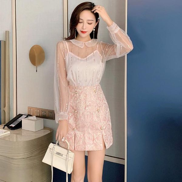 two piece dress runway brand suit set 2021 autumn women elegant sequins see through mesh blouse shirt+nail bead high waist mini skirt, White
two piece dress runway brand suit set 2021 autumn women elegant sequins see through mesh blouse shirt+nail bead high waist mini skirt, White