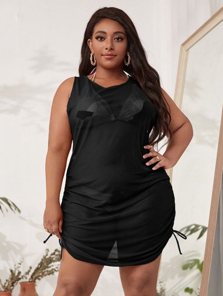plus sheer mesh cover up q4v3#, Black