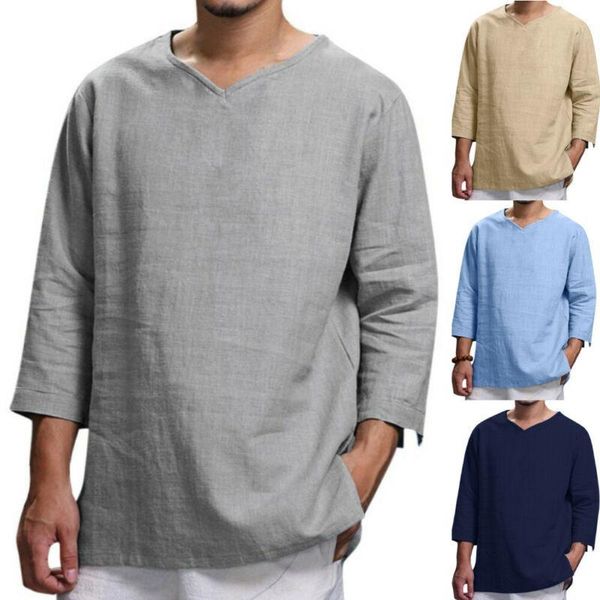men's casual shirts mens shirt solid color men 3/4 sleeve male fashion clothing v neck linen camisas for, White;black
men's casual shirts mens shirt solid color men 3/4 sleeve male fashion clothing v neck linen camisas for, White;black