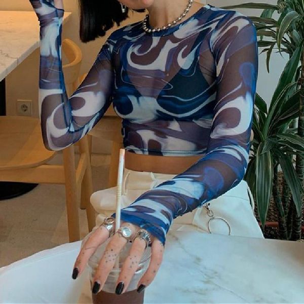 women's t-shirt 2021 sheer mesh crop abstract printed long sleeve o neck perspective slim wild stylish t-shirts trendy streetwear, White
women's t-shirt 2021 sheer mesh crop abstract printed long sleeve o neck perspective slim wild stylish t-shirts trendy streetwear, White