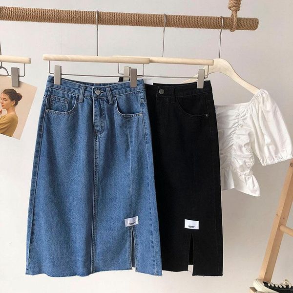 high-waisted denim a-line skirt with slit hem, korean version, wild cover, thin blue mid-length skirts, Black
high-waisted denim a-line skirt with slit hem, korean version, wild cover, thin blue mid-length skirts, Black