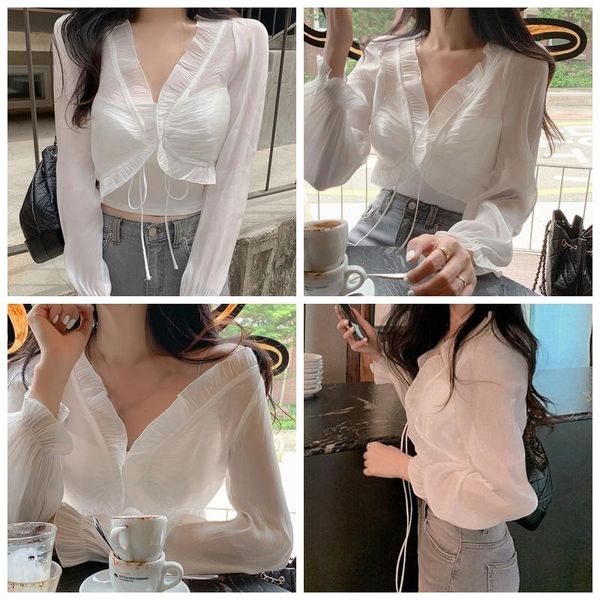 women's swimwear spring autumn tie-up crop fashion long sleeve v neck solid color ruffle trim t-shirts, White;black
women's swimwear spring autumn tie-up crop fashion long sleeve v neck solid color ruffle trim t-shirts, White;black