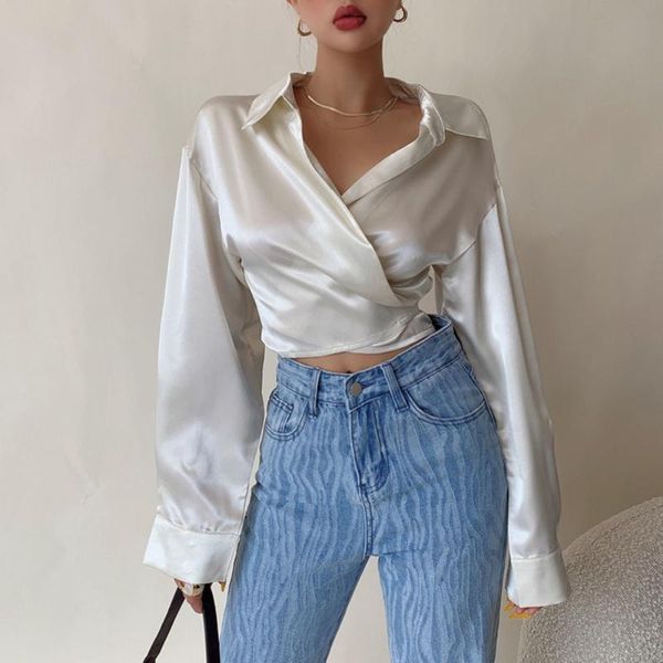 women's blouses & shirts high-quality satin luster bandage v-neck shirt long-sleeve slim blouse high-end temperament short, White
women's blouses & shirts high-quality satin luster bandage v-neck shirt long-sleeve slim blouse high-end temperament short, White