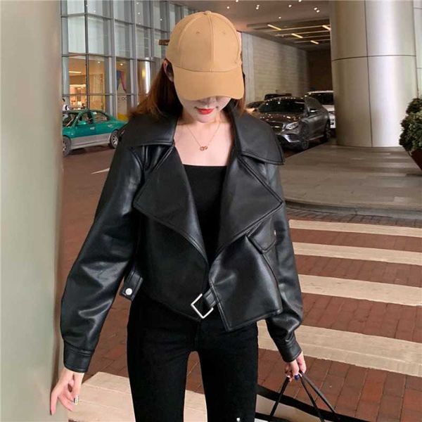 short long sleeve slim leather jacket women loose designer thin moto spring outerwear korean coat chic 210604, Black
short long sleeve slim leather jacket women loose designer thin moto spring outerwear korean coat chic 210604, Black