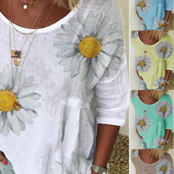 women's blouses & shirts plus size loose casual ladies 2021 autumn women sun flower printed cotton and linen round neck, White 
women's blouses & shirts plus size loose casual ladies 2021 autumn women sun flower printed cotton and linen round neck, White