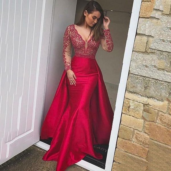 backless red mermaid prom dresses 2021 v neck long sleeves lace appliques beads formal evening party gowns pageant dress detachable skirt, Black
backless red mermaid prom dresses 2021 v neck long sleeves lace appliques beads formal evening party gowns pageant dress detachable skirt, Black