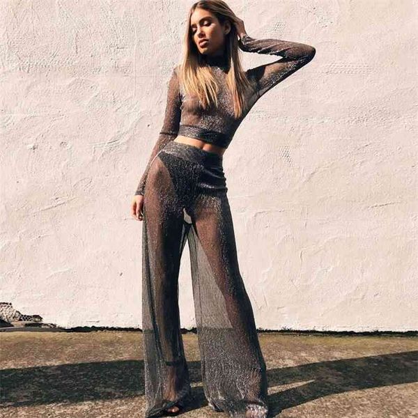 women tracksuits glitter sheer mesh long sleeve perspective tshirt and wide leg pants suit female shine basic tee 210517, White
women tracksuits glitter sheer mesh long sleeve perspective tshirt and wide leg pants suit female shine basic tee 210517, White