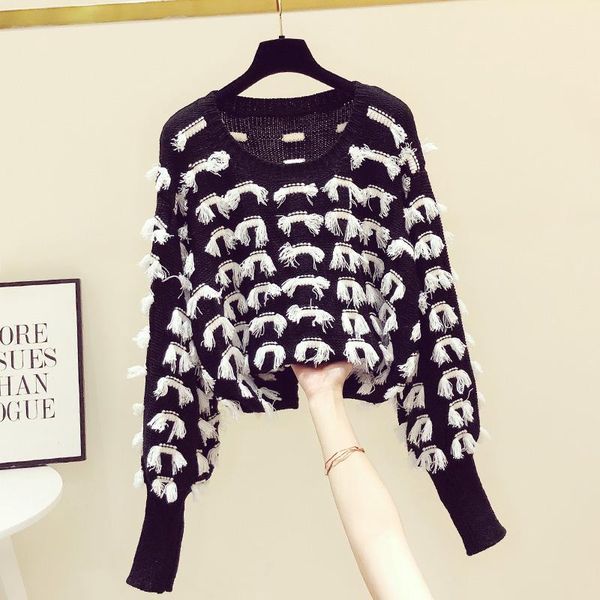women's sweaters women black sweater 2021 fall winter round neck contrast color tassel knitted shirt ladies loose pullover mujer, White;black
women's sweaters women black sweater 2021 fall winter round neck contrast color tassel knitted shirt ladies loose pullover mujer, White;black