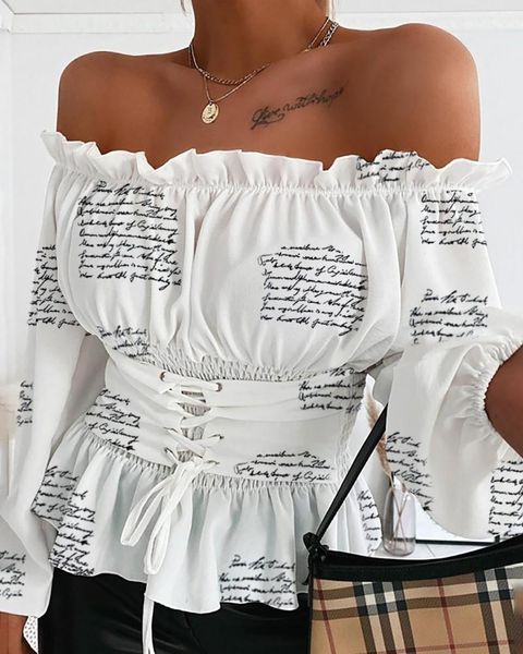 women's blouses & shirts off shoulder letter print blouse women slash neck slim waist casual, White
women's blouses & shirts off shoulder letter print blouse women slash neck slim waist casual, White
