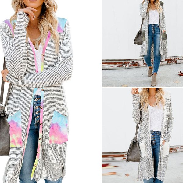 fashion sweater autumn 2021 striped loose print long sleeve women's coat medium length cardigan, White;black
fashion sweater autumn 2021 striped loose print long sleeve women's coat medium length cardigan, White;black