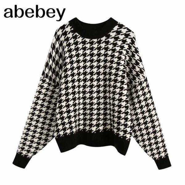 women houndstooth knitting loose sweater casual femme o-neck long sleeve pullover high street lady 210715, White;black
women houndstooth knitting loose sweater casual femme o-neck long sleeve pullover high street lady 210715, White;black