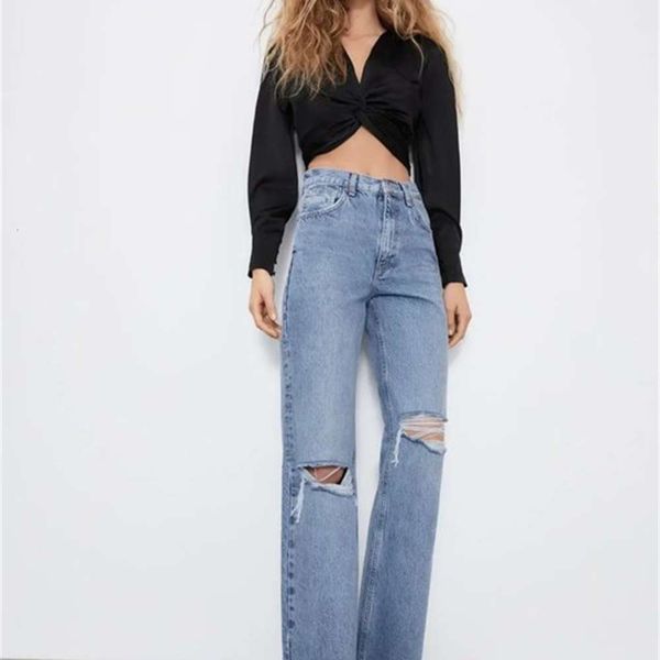 za2021 spring high waist pierced women's jeans straight pants bb7-39999, Black;white
za2021 spring high waist pierced women's jeans straight pants bb7-39999, Black;white