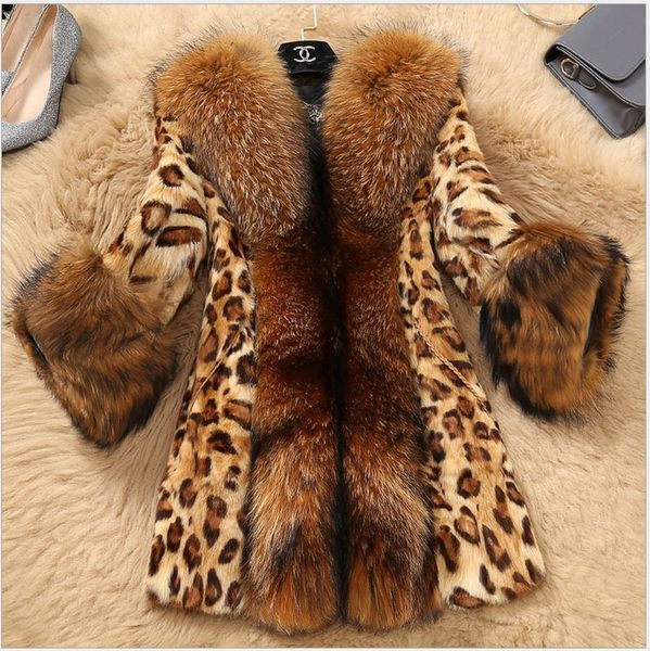 fur coat outwear jacket women 2019 long leopard print fox fur collar autumn and winter coat women clothes vestidos, Black 
fur coat outwear jacket women 2019 long leopard print fox fur collar autumn and winter coat women clothes vestidos, Black