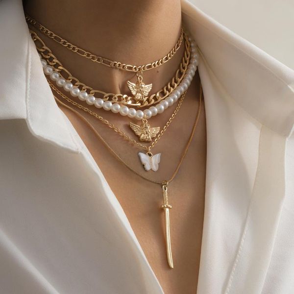 chains 2021 vintage multi-layer angel sword charm necklace for women butterfly pendant imitation pearl fashion chain necklaces jewelry, Silver 
chains 2021 vintage multi-layer angel sword charm necklace for women butterfly pendant imitation pearl fashion chain necklaces jewelry, Silver