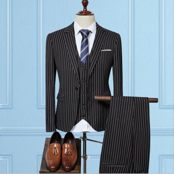 men's suits & blazers suit three-piece one button slim business casual striped male groom wedding, White;black
men's suits & blazers suit three-piece one button slim business casual striped male groom wedding, White;black