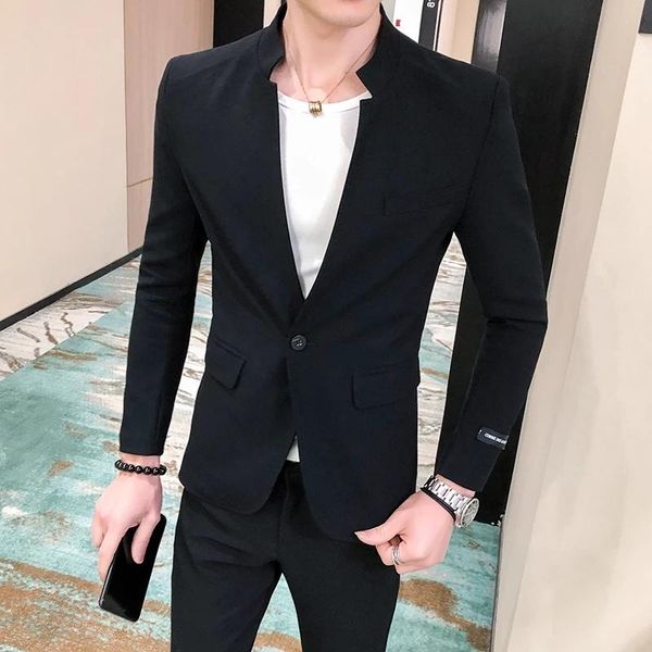 men's suits & blazers 2021 male wedding prom suit black stand collar single button slim fit men formal business work wear 2 pieces set, White;black
men's suits & blazers 2021 male wedding prom suit black stand collar single button slim fit men formal business work wear 2 pieces set, White;black