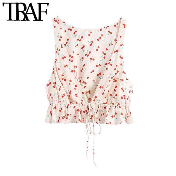 women sweet fashion cherry print ruffled crop blouses vintage sleeveless with drawstring female shirts chic 210507, White
women sweet fashion cherry print ruffled crop blouses vintage sleeveless with drawstring female shirts chic 210507, White