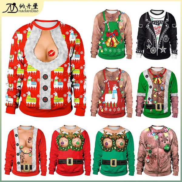 selling spoof open chest navel hair 3d digital printed round neck pullover couple's sweater, Black
selling spoof open chest navel hair 3d digital printed round neck pullover couple's sweater, Black