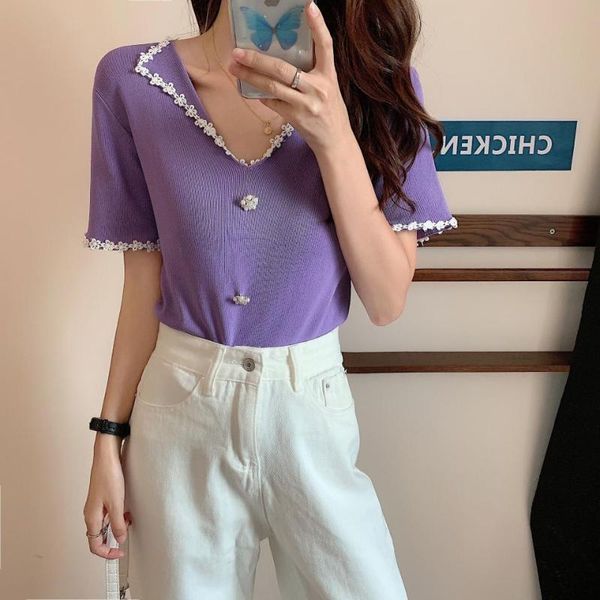 women's t-shirt 2021 summer short sleeves female floral beading v-neck design knitting tees for woman sweet girls and, White
women's t-shirt 2021 summer short sleeves female floral beading v-neck design knitting tees for woman sweet girls and, White