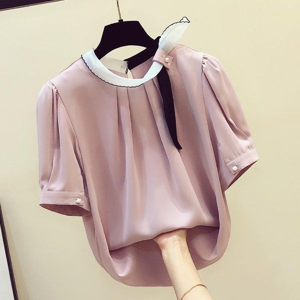 women's blouses & shirts beaded lace-up neckline elegant leisure short sleeves chiffon shirt female korean-style blouse blusas mujer wo, White
women's blouses & shirts beaded lace-up neckline elegant leisure short sleeves chiffon shirt female korean-style blouse blusas mujer wo, White