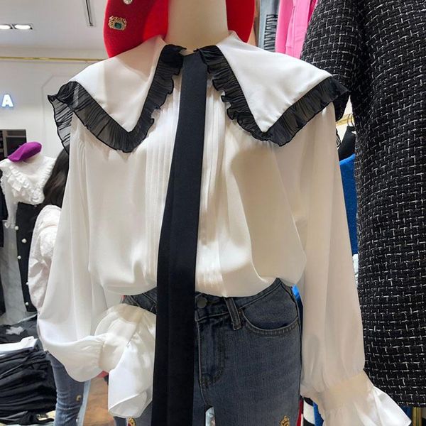 women's blouses & shirts spring autumn blouse korean style single-breasted ribbon tulle slimming long-sleeved female ll262, White 
women's blouses & shirts spring autumn blouse korean style single-breasted ribbon tulle slimming long-sleeved female ll262, White