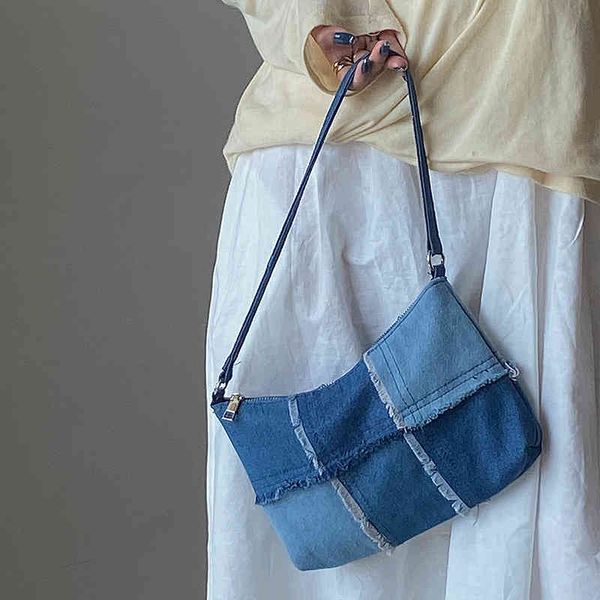 vintage denim stitching women underarm fashion ladies contrast color small shoulder bags female armpit bag baguette handbags 
vintage denim stitching women underarm fashion ladies contrast color small shoulder bags female armpit bag baguette handbags