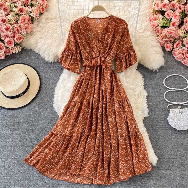 summer vintage printed chiffon dress women v-neck short sleeve ruffle big swing robe casual high waist vestidos female 2021 y0603, Black;gray
summer vintage printed chiffon dress women v-neck short sleeve ruffle big swing robe casual high waist vestidos female 2021 y0603, Black;gray