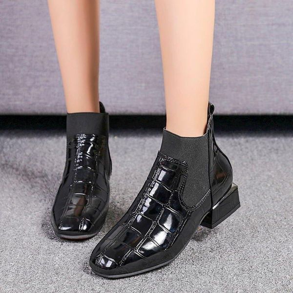 boots square heel oversized women's 2021 patent leather winter style head overshoot short british fashion, Black