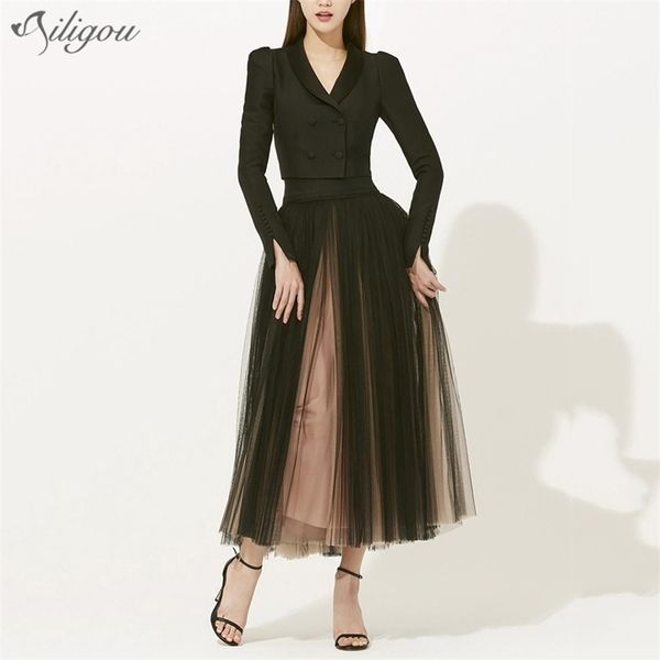 summer fashion women's black long-sleeved suit female two-piece button gauze stitching skirt 210525, White 
summer fashion women's black long-sleeved suit female two-piece button gauze stitching skirt 210525, White