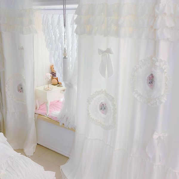 curtain & drapes high grade european style semi-blackout voile curtains solid white with handmade ruffles floral princess cortins for gilr&#
curtain & drapes high grade european style semi-blackout voile curtains solid white with handmade ruffles floral princess cortins for gilr&#
