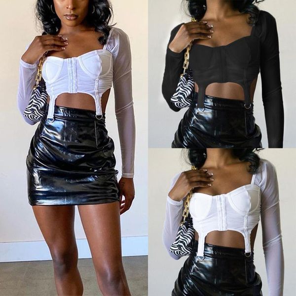 women's t-shirt solid color slim crop perspective long sleeve mesh patchwork square collar low-cut with strap buckle for female, White
women's t-shirt solid color slim crop perspective long sleeve mesh patchwork square collar low-cut with strap buckle for female, White