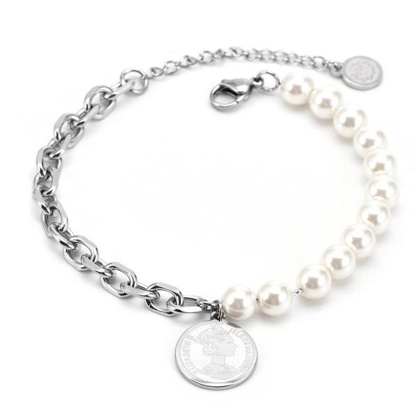 link, chain ins simple cold wind round brand queen stitching pearl bracelet women's double titanium steel jewelry adjustable, Black
link, chain ins simple cold wind round brand queen stitching pearl bracelet women's double titanium steel jewelry adjustable, Black