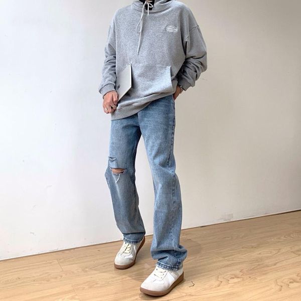 men's jeans cut denim ripped baggy korean style straight loose dad trousers holes cotton male, Blue
men's jeans cut denim ripped baggy korean style straight loose dad trousers holes cotton male, Blue