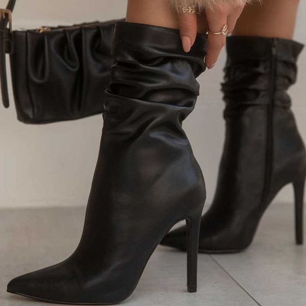 boots leather pointed toe pleated ankle women side zip heel shoes plus size 43 short booty, Black
boots leather pointed toe pleated ankle women side zip heel shoes plus size 43 short booty, Black