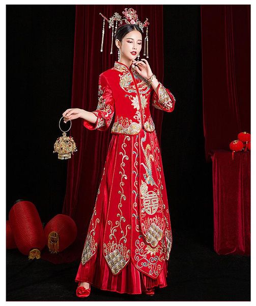 wedding toast dress chinese bride style dragon and phoenix gown autumn winter look thin ethnic clothing, Red
wedding toast dress chinese bride style dragon and phoenix gown autumn winter look thin ethnic clothing, Red