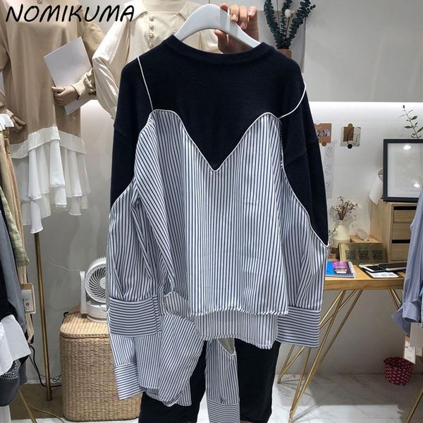 women's blouses & shirts nomikuma knitted patchwork striped blouse causal long sleeve o-neck woman 2021 autumn blusas de mujer 6l941, White
women's blouses & shirts nomikuma knitted patchwork striped blouse causal long sleeve o-neck woman 2021 autumn blusas de mujer 6l941, White
