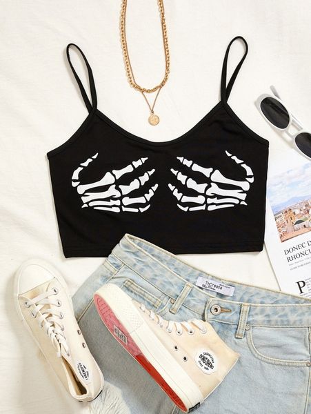 skeleton print crop cami k71n#, White