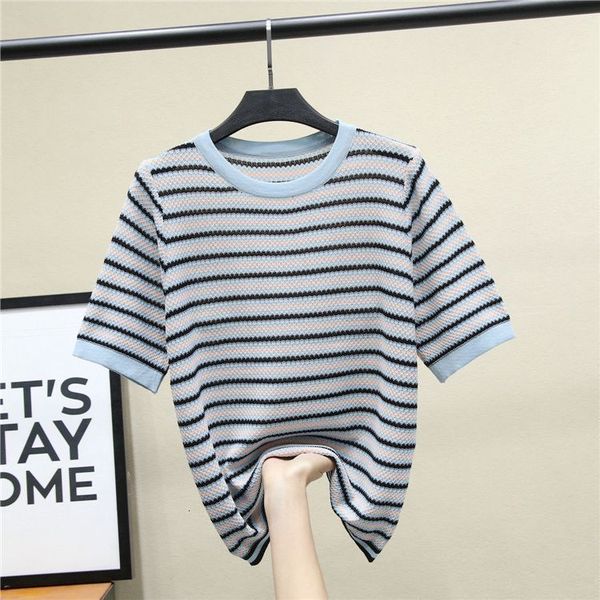 t shirt 2021 summer ice blue stripe color matching short sleeve women's loose korean large round neck, White
t shirt 2021 summer ice blue stripe color matching short sleeve women's loose korean large round neck, White